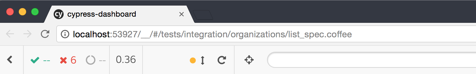 Url address shows localhost:53927/__/#tests/integration/organizations/list_spec.coffee